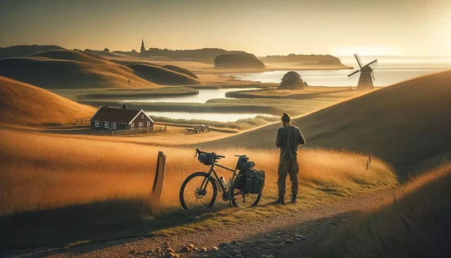 Ein Radfahrer steht neben seinem Fahrrad auf einem ländlichen Weg und blickt auf eine malerische Landschaft in Dänemark. Im Vordergrund befindet sich ein dunkles, traditionelles dänisches Haus, umgeben von goldenem Grasland. Im Hintergrund sind sanfte Hügel, ein Fluss oder See und eine Windmühle zu sehen. Das Bild strahlt eine ruhige, idyllische Atmosphäre aus und die tief stehende Sonne erzeugt warmes Licht und lange Schatten.