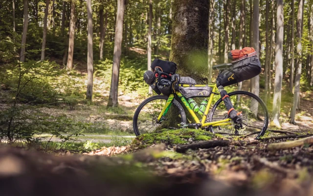 Fahrrad mit Bikepacking Satteltasche - auch Arschrakete gennant - im Wald